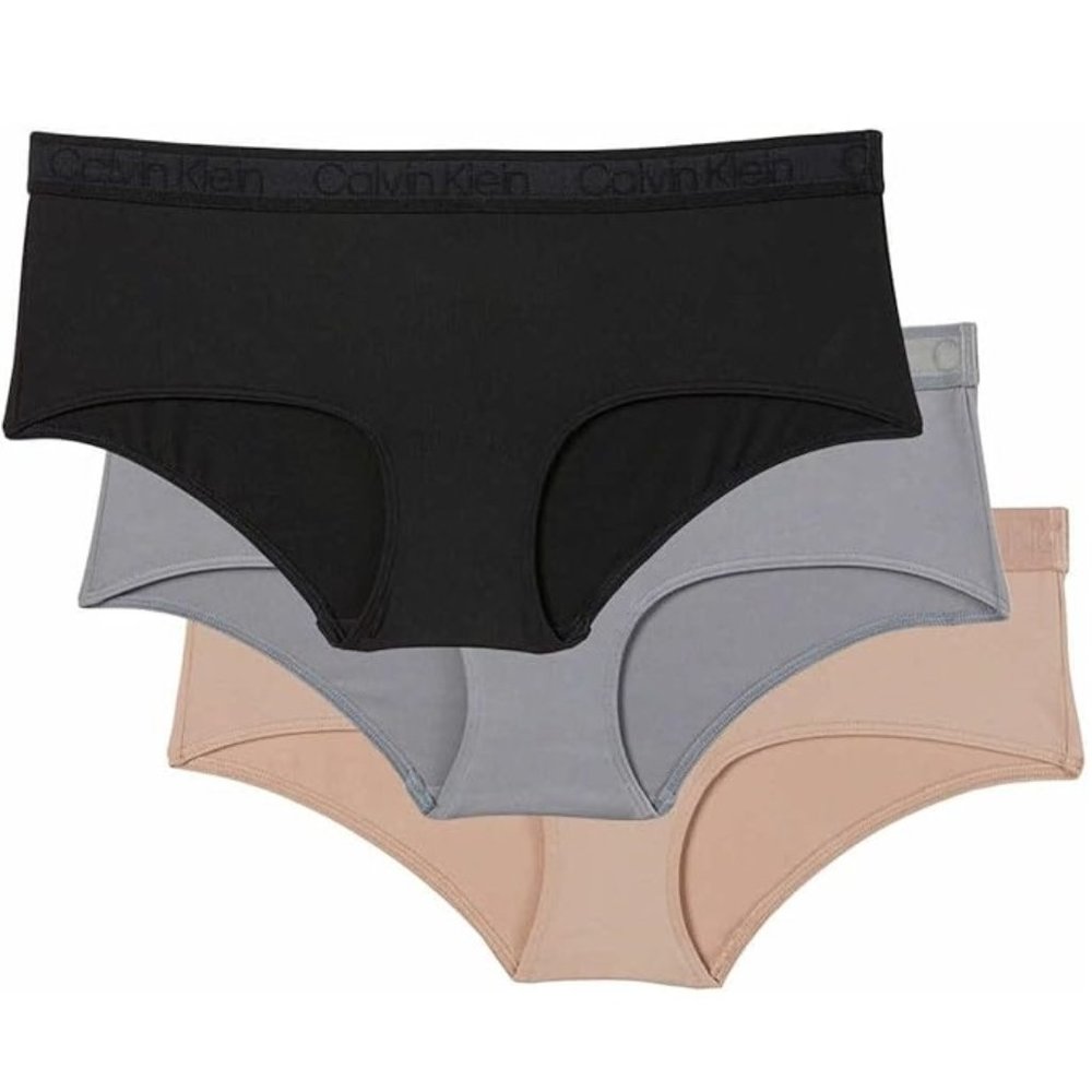 NiB Women's Calvin Klein 3-Pack Hipster Panties Charcoal Tan Black Size L 3HL281